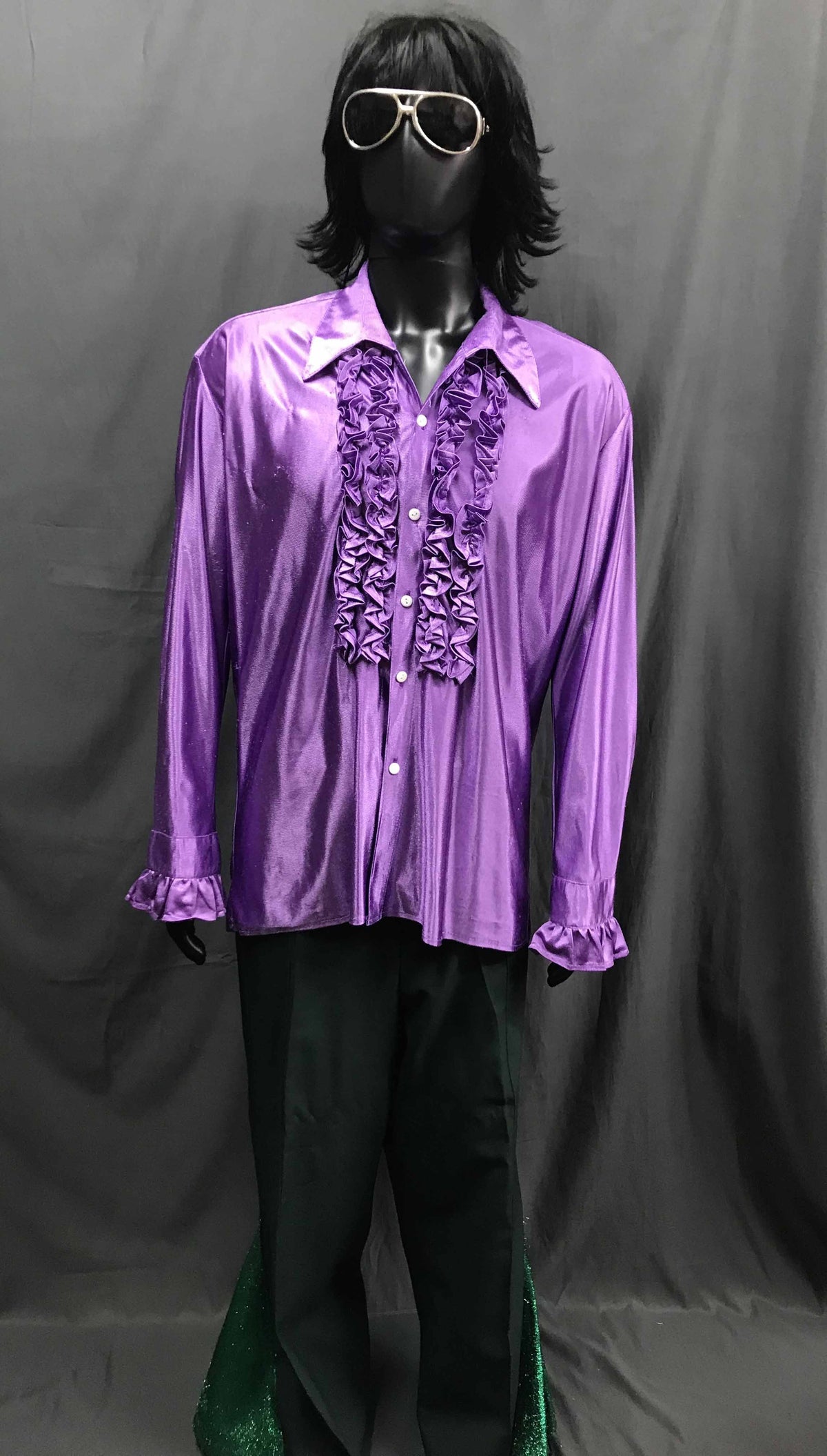 Mens Disco Costume - Purple Ruffle Shirt with Black Flares - Hire